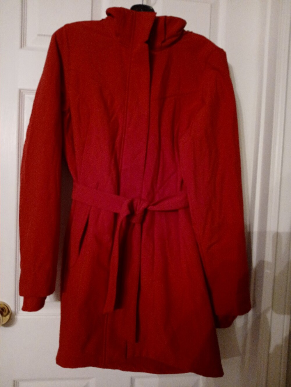 Cloudveil Red Hooded Softshell Trench Coat with Waist Tie Belt Size Med